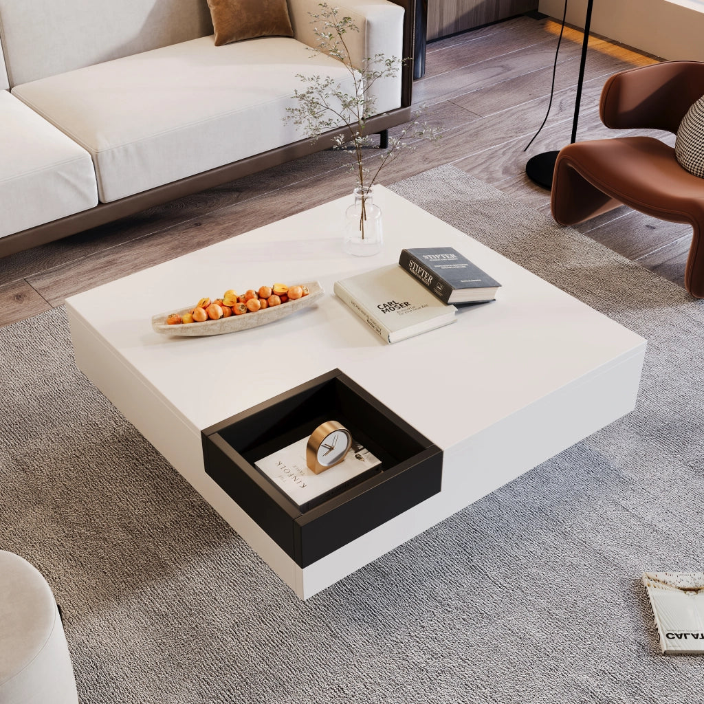 Tavolino da Salotto Quadrato con Box Contenitore Rimovibile e LED; Bianco e Nero; Lucido; in Pannello di Particelle; 72¡Á72¡Á30 cm
