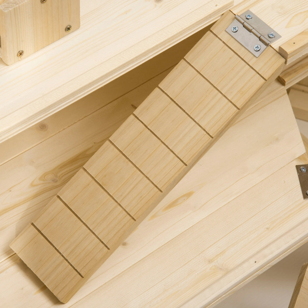 Scaffale a tre livelli con tetto apribile per piccoli animali in legno facile da pulire marrone naturale 115 × 60 × 55 cm