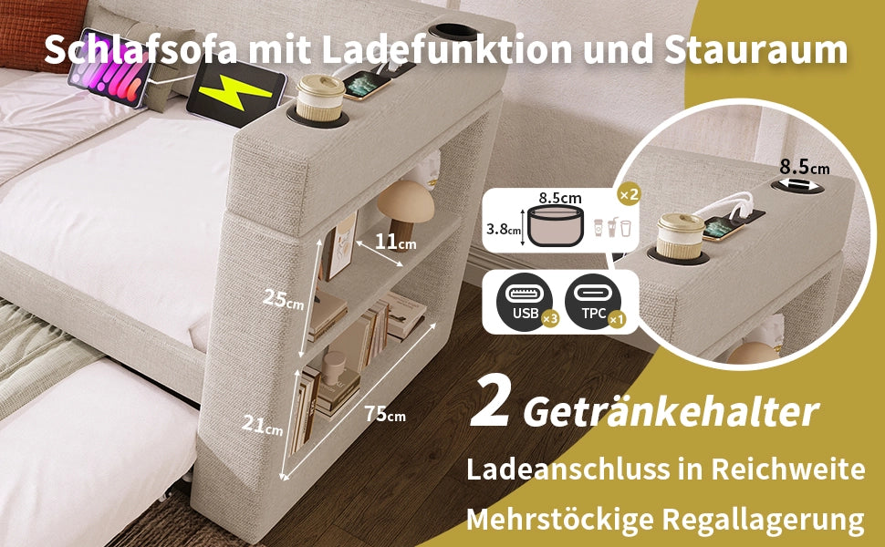 Letto Singolo Imbottito con Letto Estraibile ¨C MINIMAL ¨C Tessuto Beige 90x190