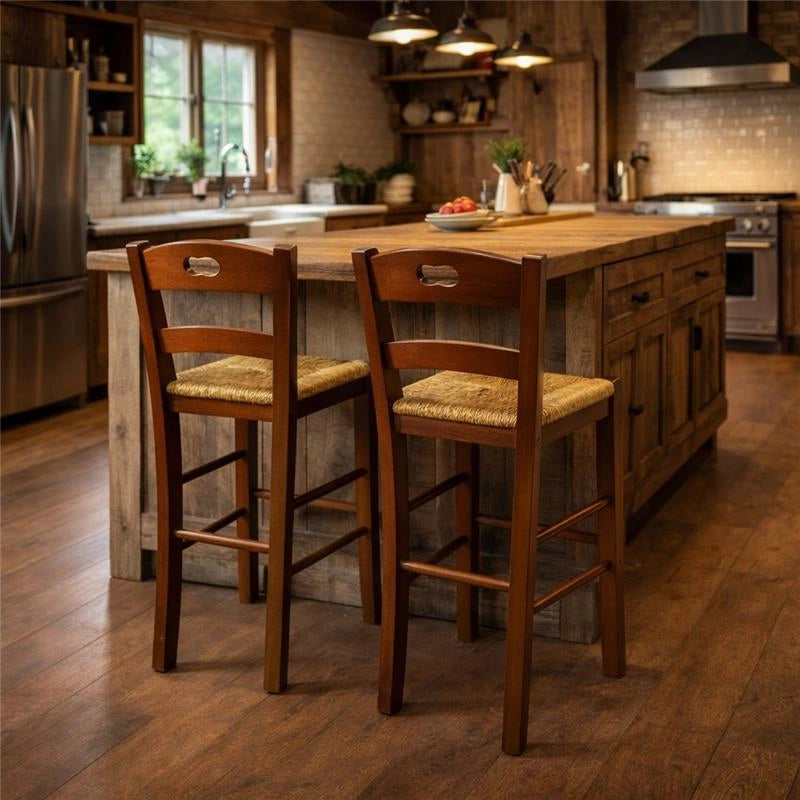 SET 4PZ SGABELLI SNACK CON SEDUTA IN PAGLIA COLORE NOCE 39X38X90CM STILE RUSTICO SCHIENALE ALTO