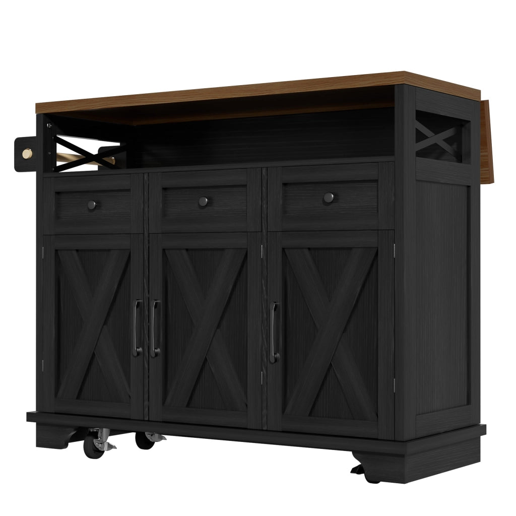 Carrello da Cucina con 3 Cassetti e 1 Anta; Piano Pieghevole; Portasciugamani e Ruote; in MDF e Metallo; Nero