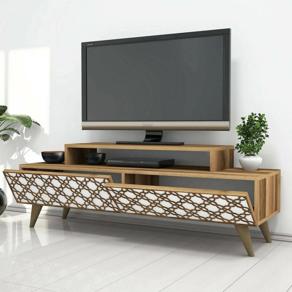 Mobile porta TV Arnara, Credenza da soggiorno, Armadio basso per TV, Base parete attrezzata, 140x42h49 cm, Noce e Bianco
