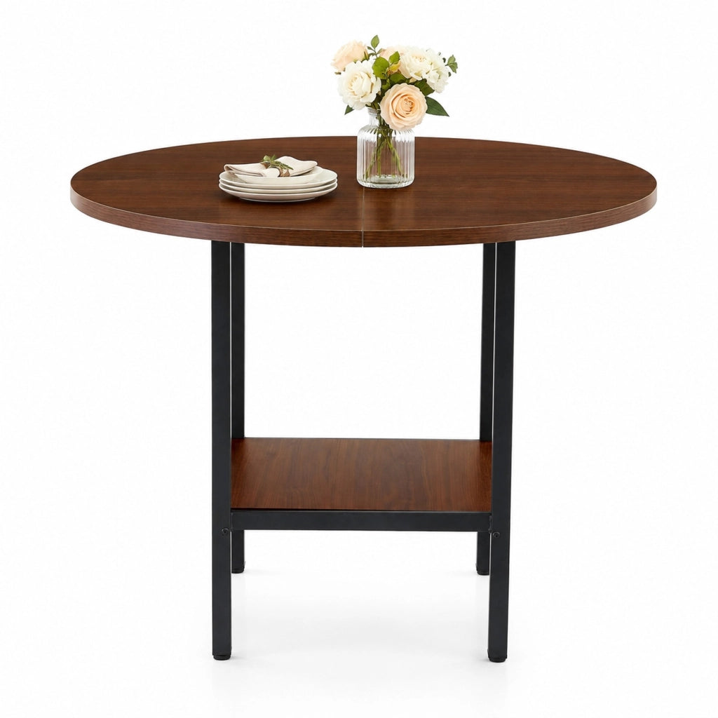 Tavolo da pranzo rotondo 100 cm con doppio ripiano; MDF e metallo; color noce