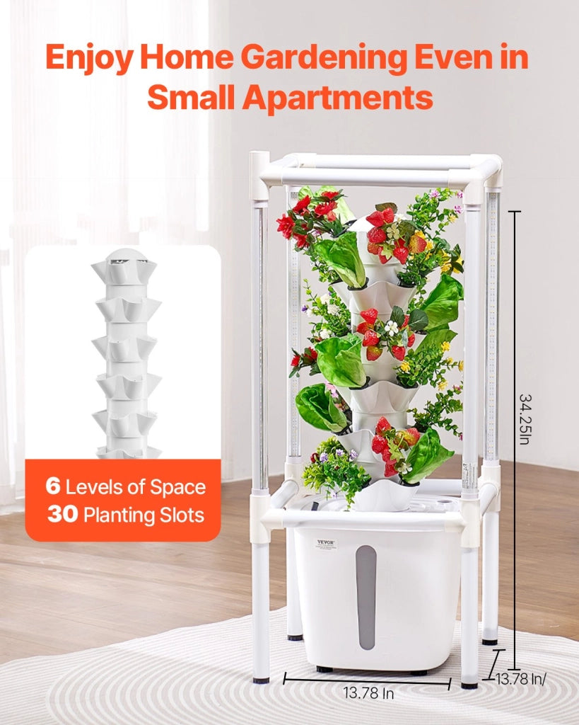 Torre Idroponica Verticale 6 Livelli 30 Posti con Luce e Pompa Serbatoio 20L Sistema Coltivazione Idroponica Bianco VV2-6C-EU