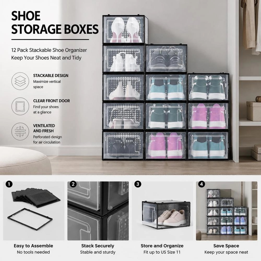 Shoe Storage Boxes, Stackable Shoe Boxes (12 Pcs), Fits Up To US Size 11, Modular Plastic Shoe Organizers For Storing High Heels, Boots, And Hats, Black Frame
