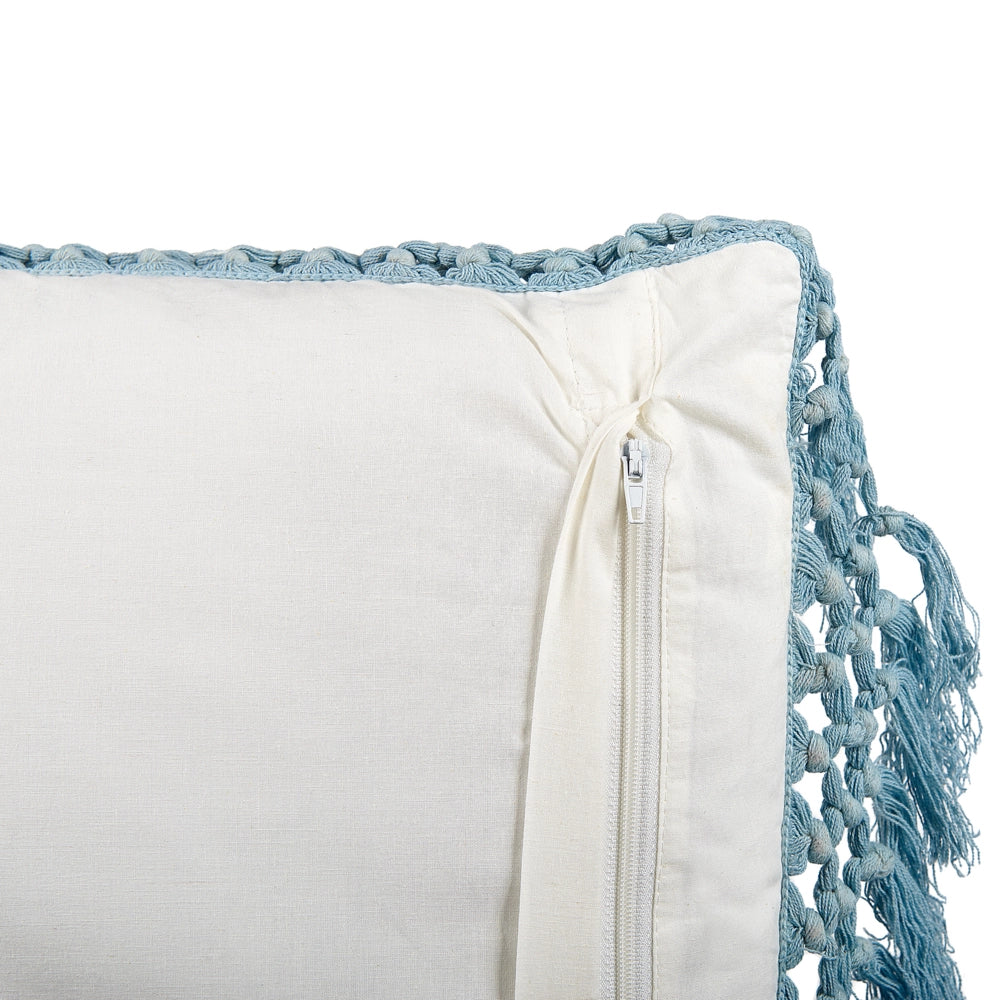 Cuscino decorativo cotone bianco e blu 45 x 45 cm motivo floreale con frange fatto a mano fodera rimovibile con imbottitura stile boho