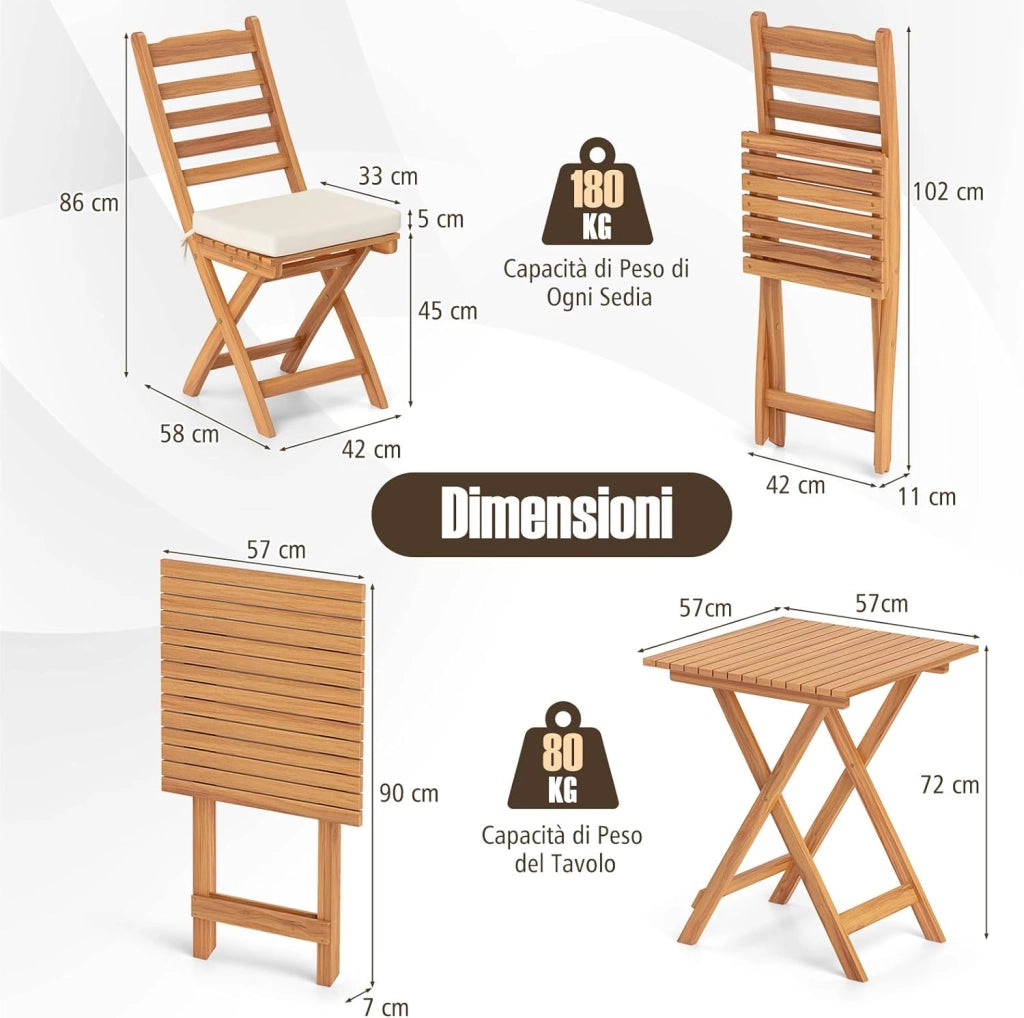 Set Bistro da Esterno in Legno di Acacia, Tavolo e 2 Sedie Pieghevoli con Cuscini, Tavolo Portata 80 kg/Sedia Portata 180 kg (Modello 1)