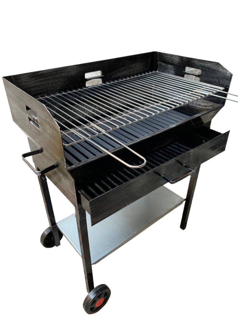 Barbecue a Legna e Carbonella in Ferro, con Ruote, Regolabile su 2 Altezze, Griglia in Acciaio, Ripiano poggia utensili 70x38 cm