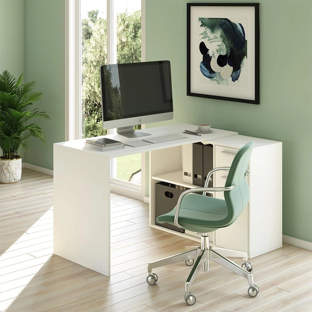 Scrivania angolare Robin, Bianco, 120 x 60 cm, con cassetto estraibile e possibilità di posizionamento variabile