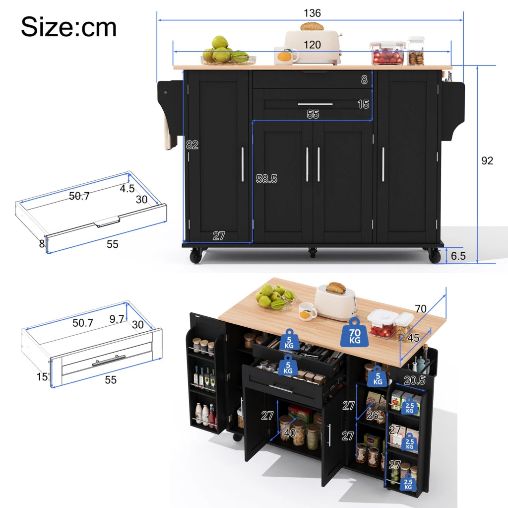 Isola da cucina mobile 136x70x92 cm con piano estraibile; cassetto nascosto; MDF nero e naturale