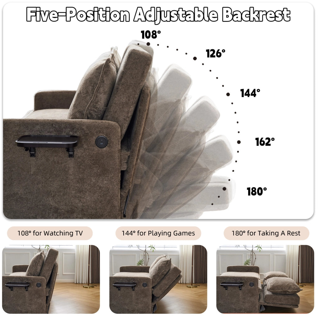 Divano letto 172，5x71x95 cm in ciniglia marrone con USB Type-C e vano contenitore