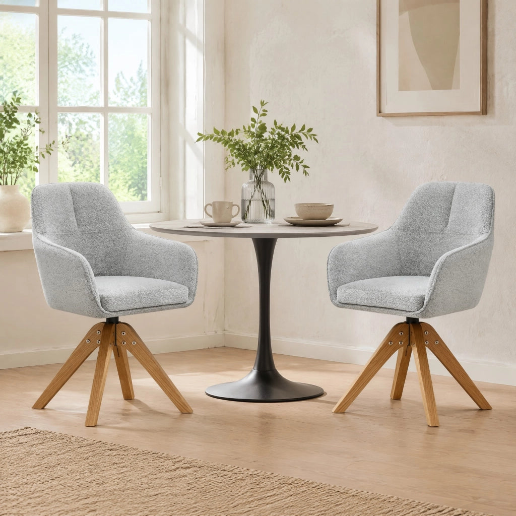 Sedia da pranzo girevole 360° set da 2 con braccioli e schienale ergonomico in tessuto grigio e legno massello