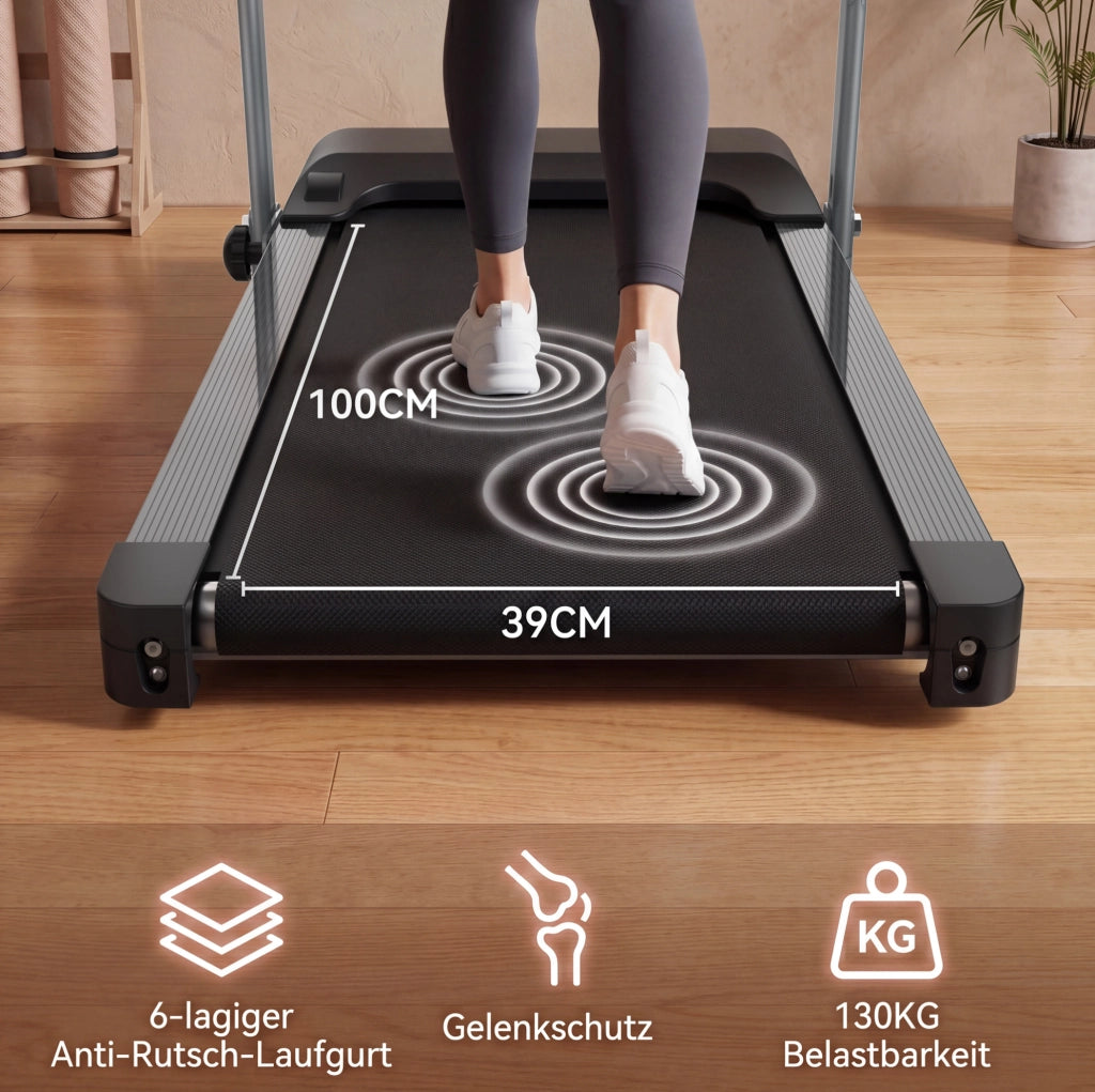 Tapis roulant pieghevole ULEVR con 3 programmi, display LED e superficie di corsa 100x39 cm, nero e grigio