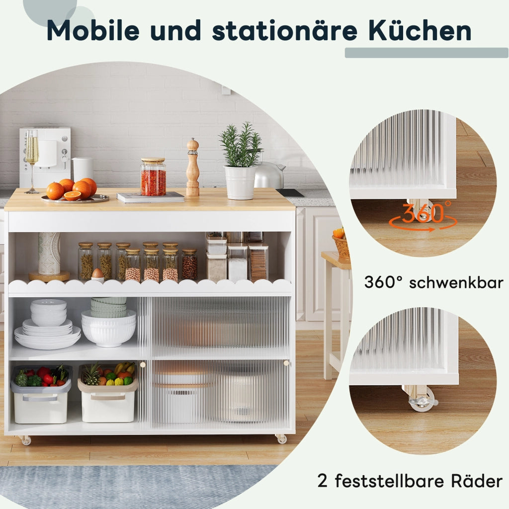 CARRELLO ISOLA CUCINA Pieghevole 122x46(69)x91 cm MDF Bianco/Naturale