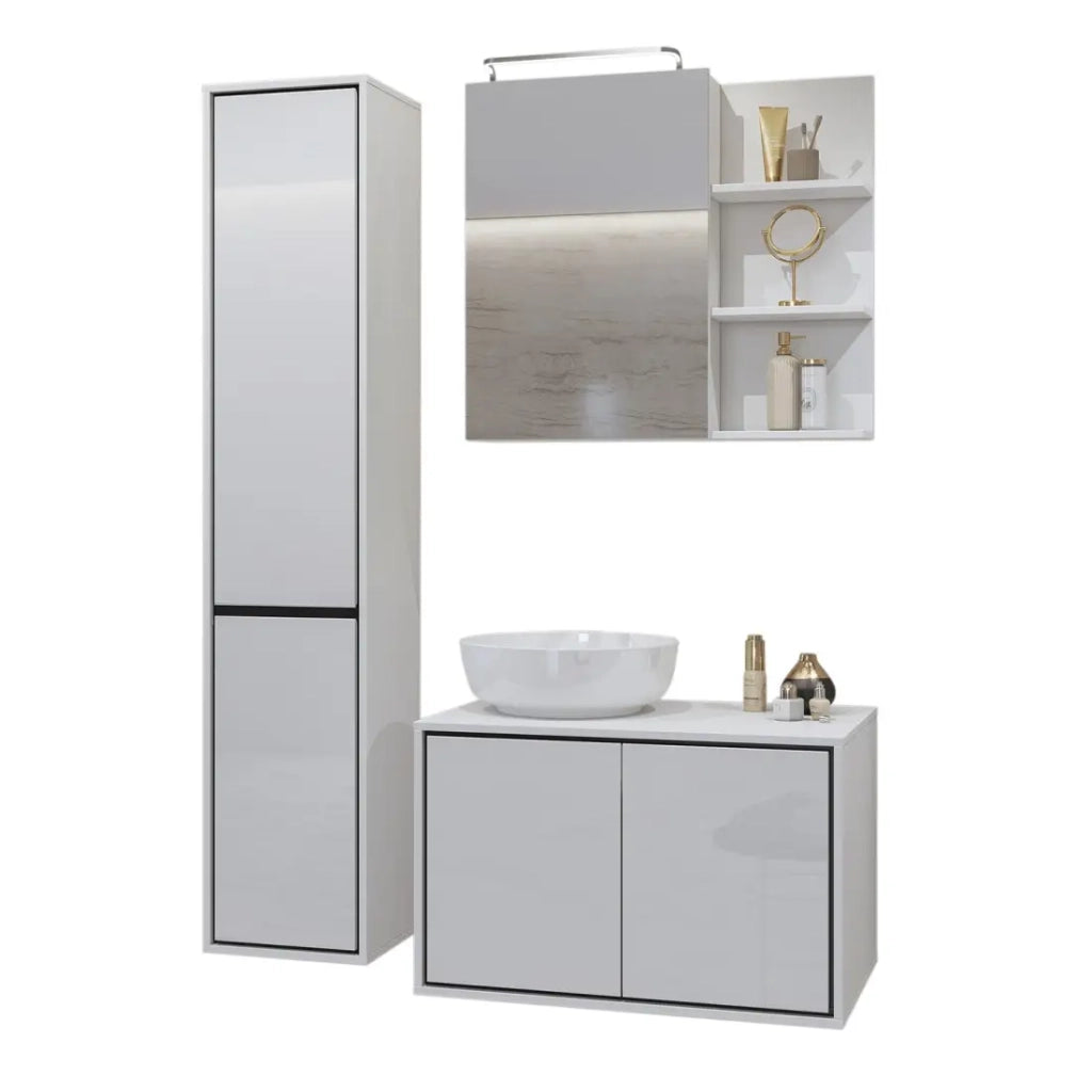 Set di 3 mobili da bagno della collezione GOBI in bianco e nero.