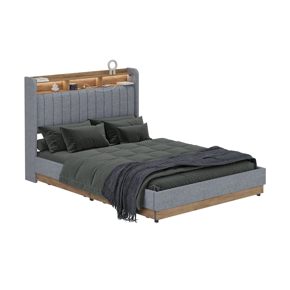 Vitalispa Letto imbottito Grigio/quercia 140x200 cm con 4 cassetti