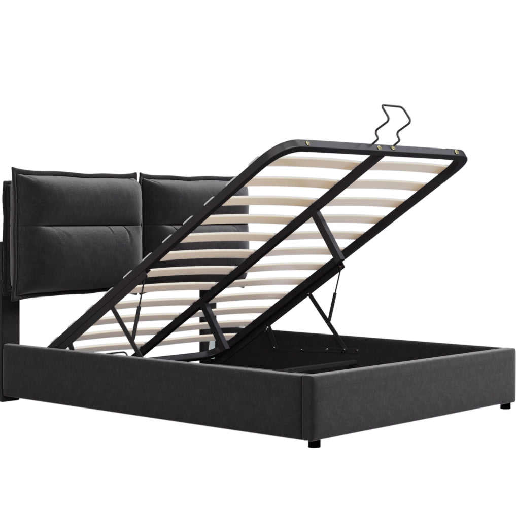Letto matrimoniale 140x200 cm con contenitore e testiera regolabile; velluto nero