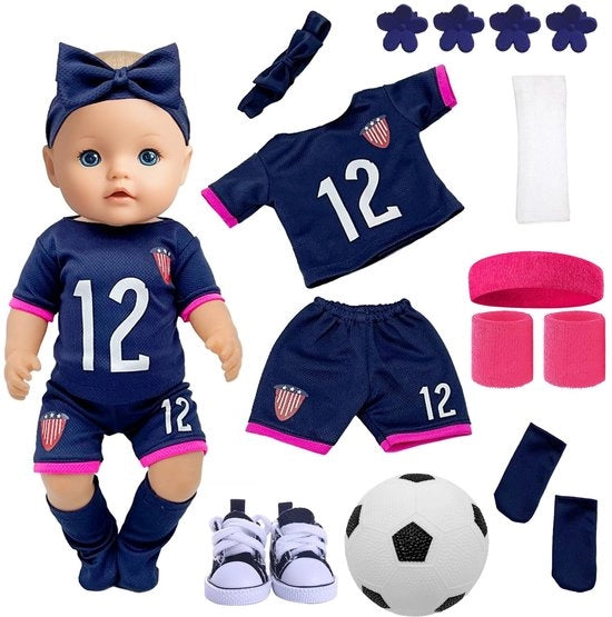 Abbigliamento per bambole Mod. Voetbal - Pantaloncini corti - Grembiuli - Cintura/Scarpe - Accessori - 35-45 cm Bambole - Set di abbigliamento per bambole
