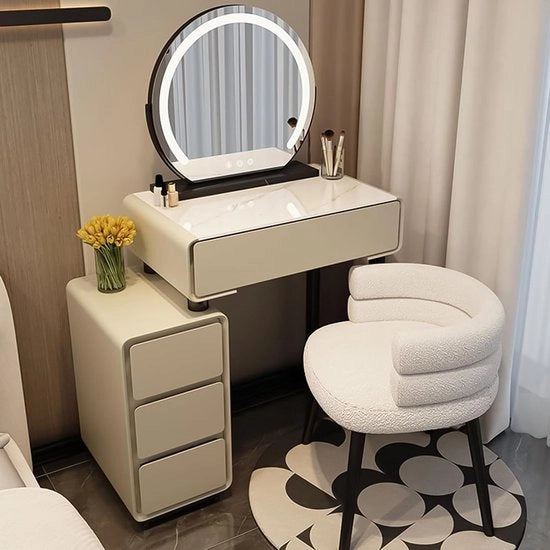 Tavolo da trucco con specchio rotondo, sedile con cuscini, lavello e illuminazione LED regolabile, per bambina, colore beige, dimensioni 60cm