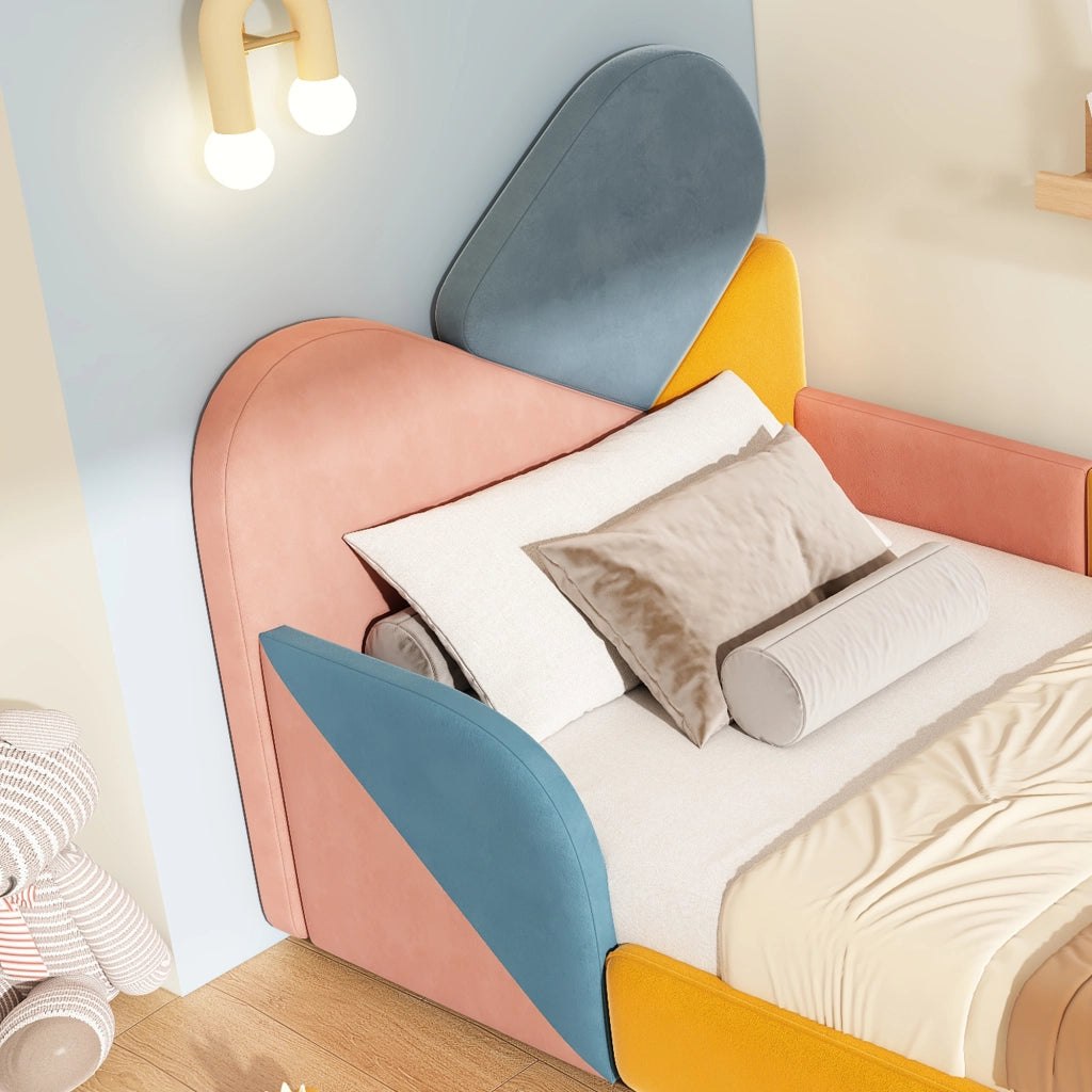 Letto con Sponda 90x200 cm; Letto Singolo - Imbottito; Sponde Alte - Blu Multicolore