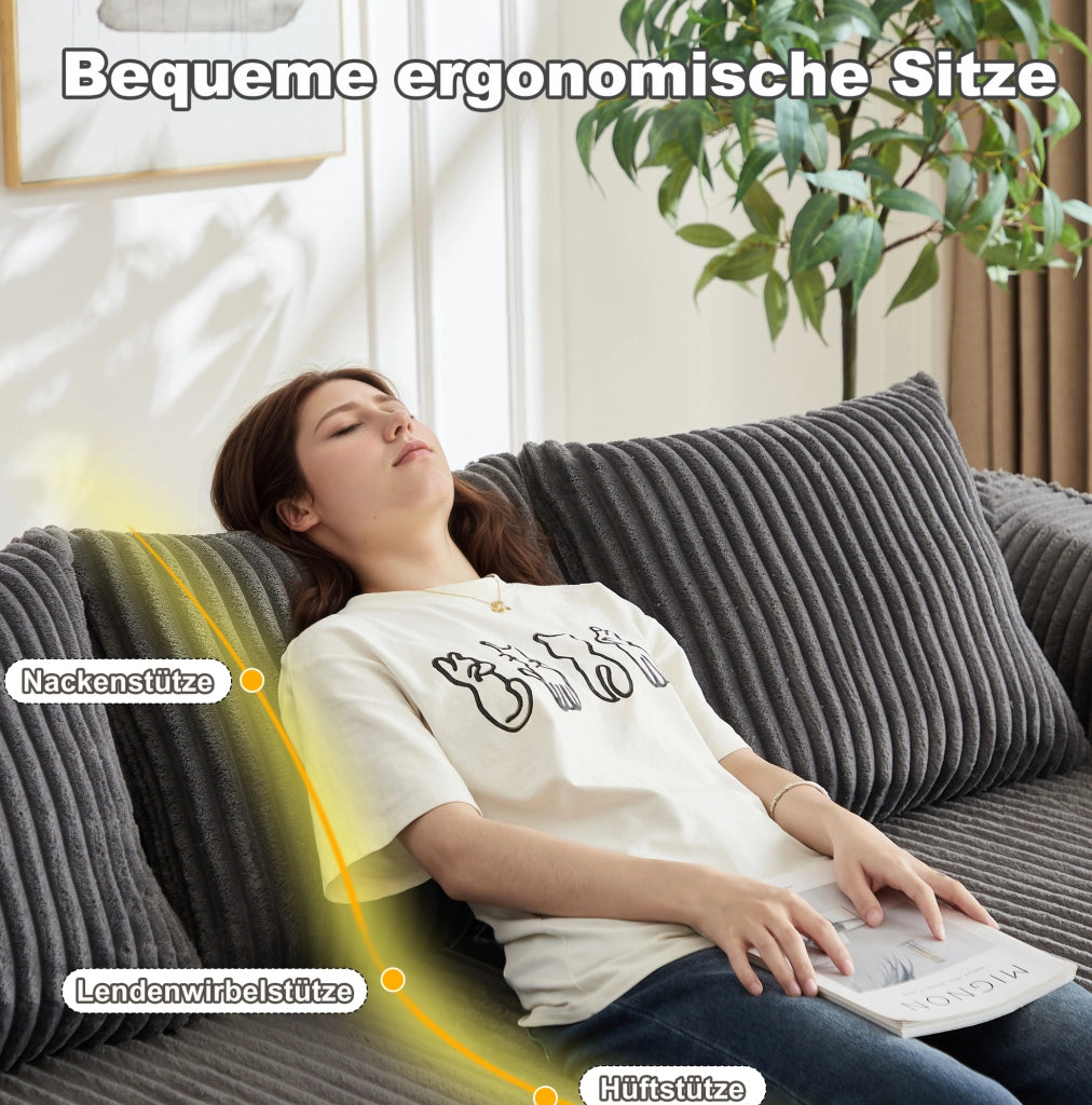 Divano modulare in velluto a coste con schienale e braccioli curvi, completo di 2 cuscini