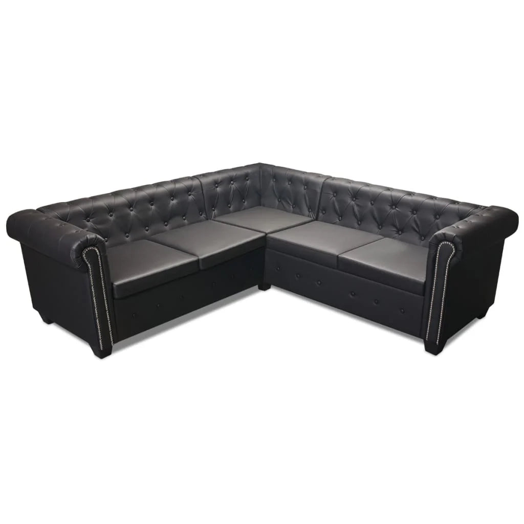 Divano angolare Chesterfield 5 posti in similpelle nera 02_0019699