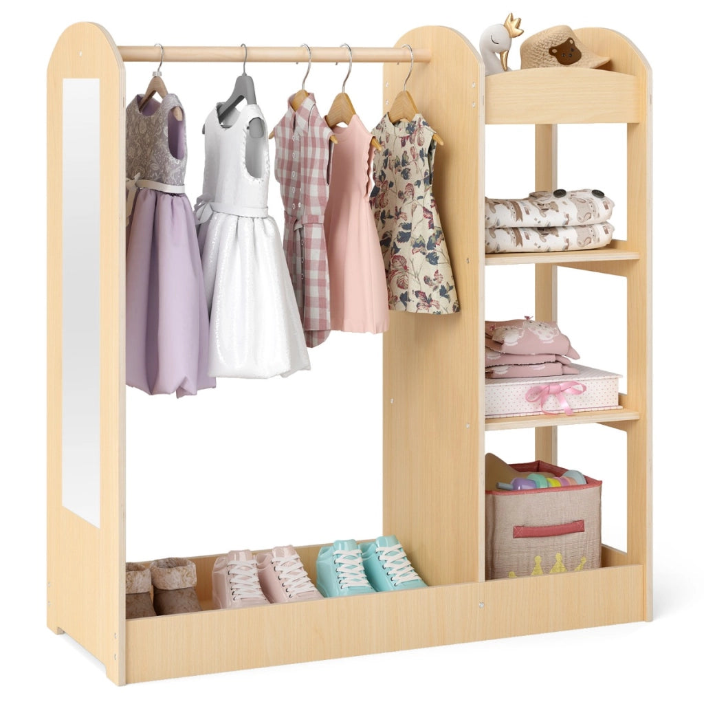 Piccolo armadio per bambini con specchio appendiabiti scaffali, Armadio di stoccaggio per stanza di giochi Legno naturale-Scaffalature