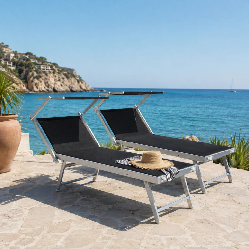 Set 2 Lettini Prendisole Pieghevoli Professionali In Alluminio Leggero Con Tettuccio Parasole Regolabile Sdraio Relax Mare Spiaggia Piscina Giardino Terrazza 182 x 60 x 38 Cm Nero