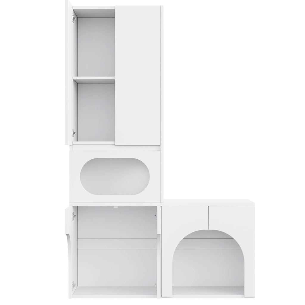 Mobile coperto per lettiera per gatti con 2 vani toilette, zona riposo e armadio, bianco, 140 × 45 × 195 cm