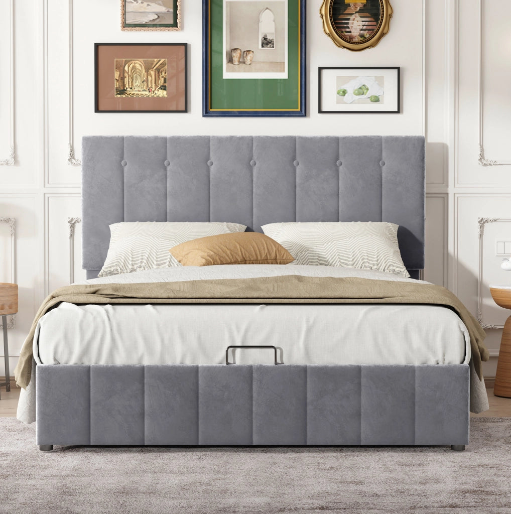 Letto matrimoniale imbottito 140x200 cm con contenitore; meccanismo idraulico e velluto grigio