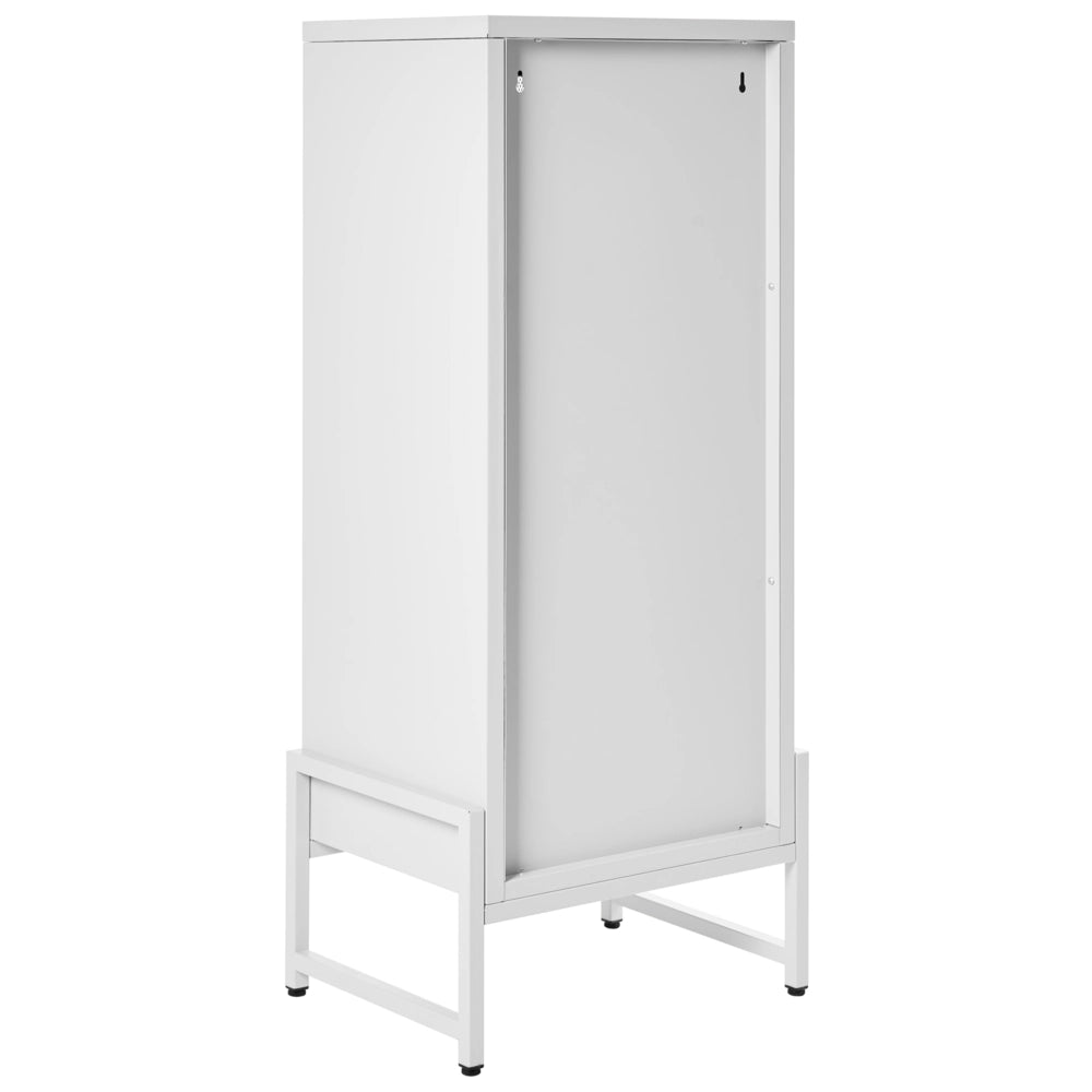 Credenza industriale moderna in acciaio con 1 anta ovale traforata e ripiano colore bianco industriale home office