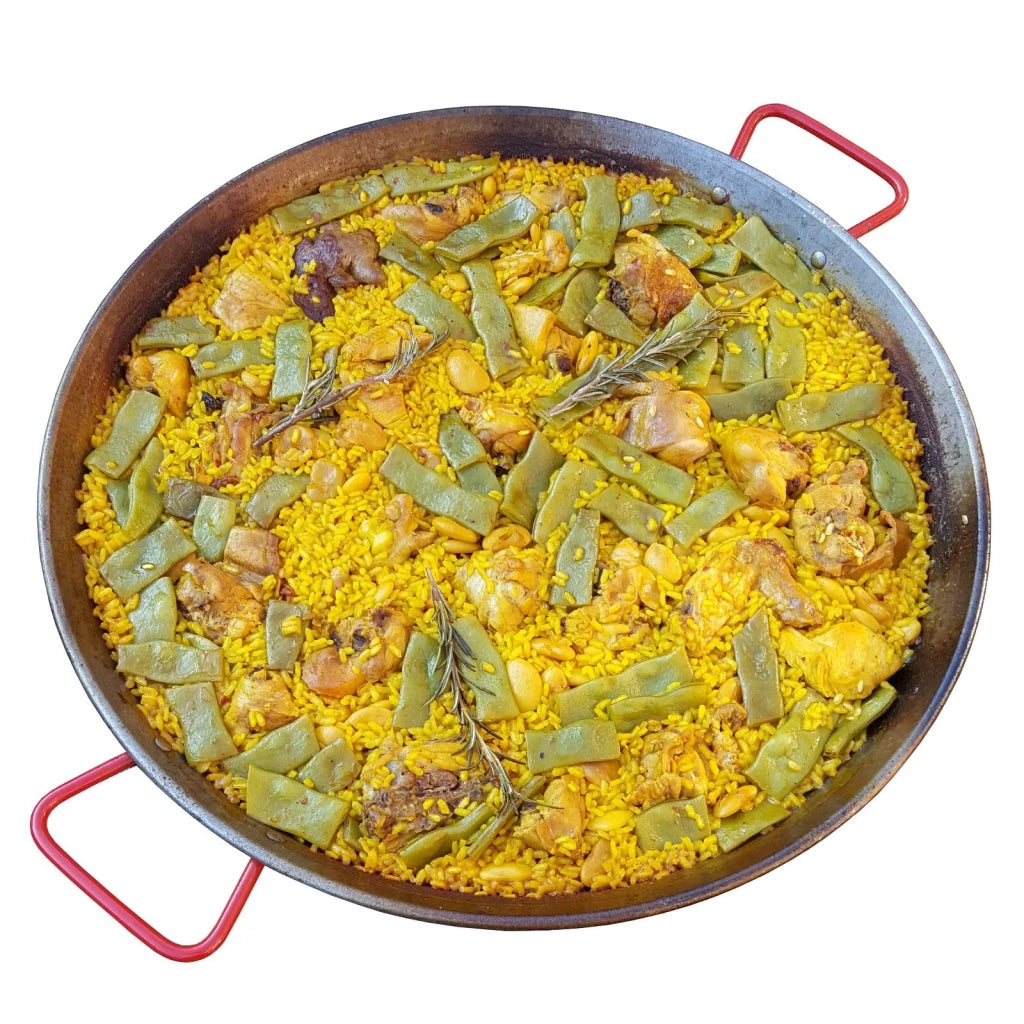 Padella per Paella Valenciana, Tegame in Ferro Spazzolato, Manici Rossi, per Cottura Tradizionale, Per Spaghetti All' Assassina 50cm