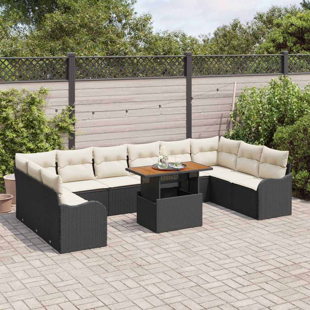 Set Divano da Giardino 11 Pezzi con Cuscini Nero in Poly Rattan