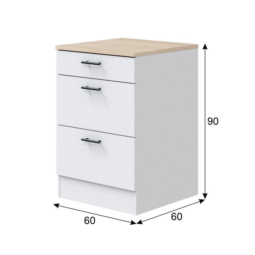Mobile 3 cassetti Sirea, Cassettiera da cucina, Modulo contenitore con cassetti, Base con cassetti estraibili, 60x60 h90 cm, Bianco e Rovere