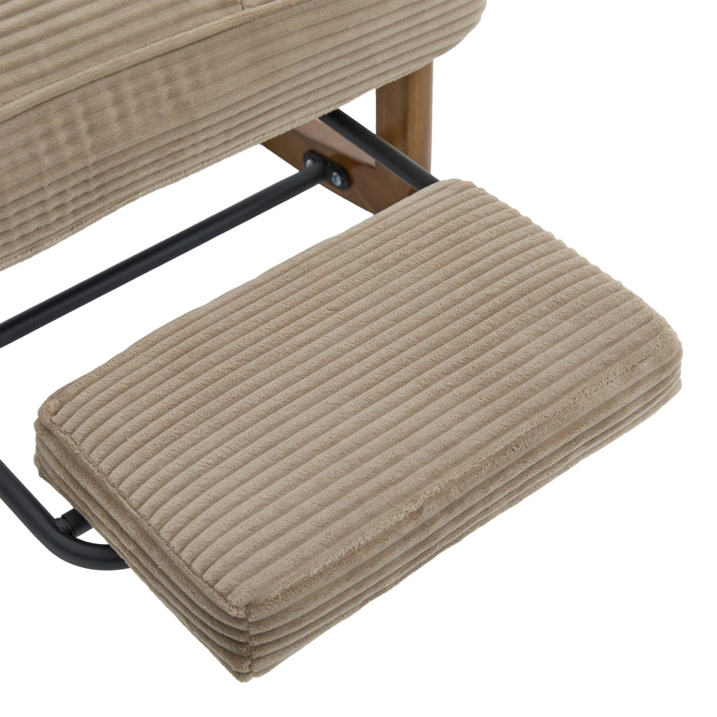 Sedia a dondolo moderna in velluto a coste color kaki con poggiapiedi, cuscino lombare e tasca laterale