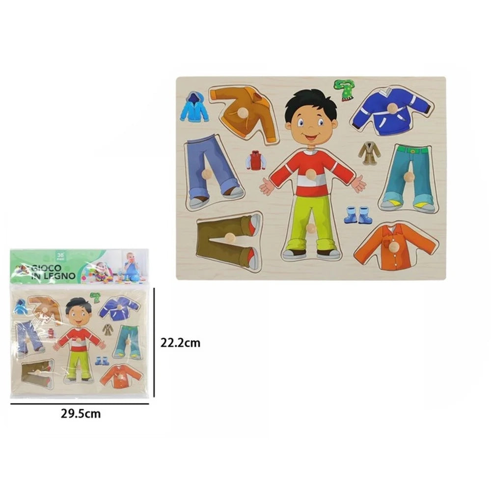 Trade Shop - Puzzle A Incastro Tema Bambino Con Vestiti Gioco Educativo Legno Bambini Con Pomelli 53758a -