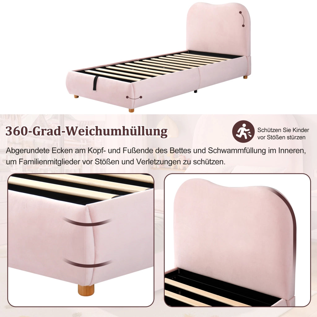 Letto Contenitore per Bambini 90 x 200 cm - Testiera Imbottita e Velluto - Rosa