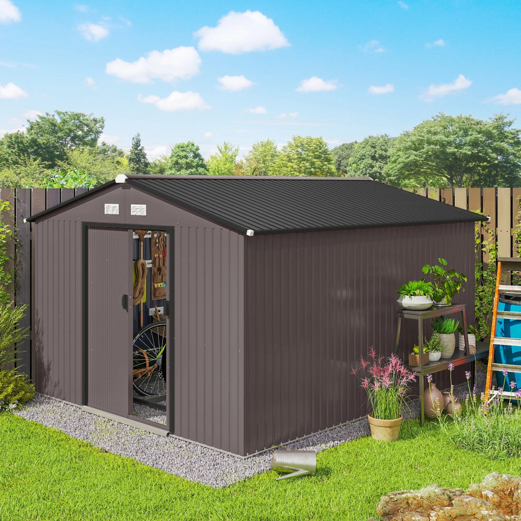 Casetta da Giardino con 2 Porte Scorrevoli e 4 Prese d'Aria in Acciaio, 322x277x192 cm, Marrone
