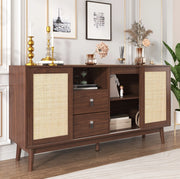 Credenza 155x38x80 cm con 3 ante scorrevoli in rattan e 2 cassetti; MDF e pannello truciolare