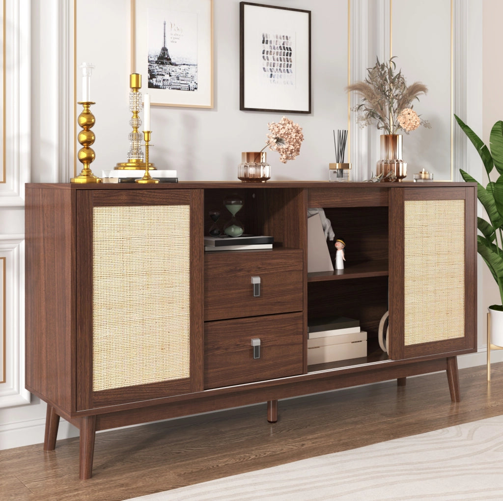 Credenza 155x38x80 cm con 3 ante scorrevoli in rattan e 2 cassetti; MDF e pannello truciolare