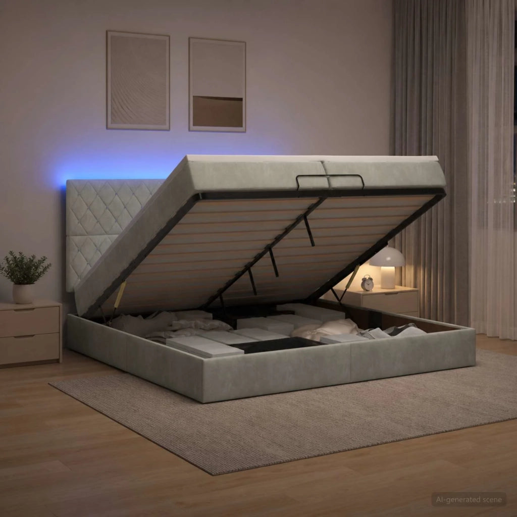 Letto Ottomano con Materasso e LED Grigio Chiaro 200 x 200 cm 3458253