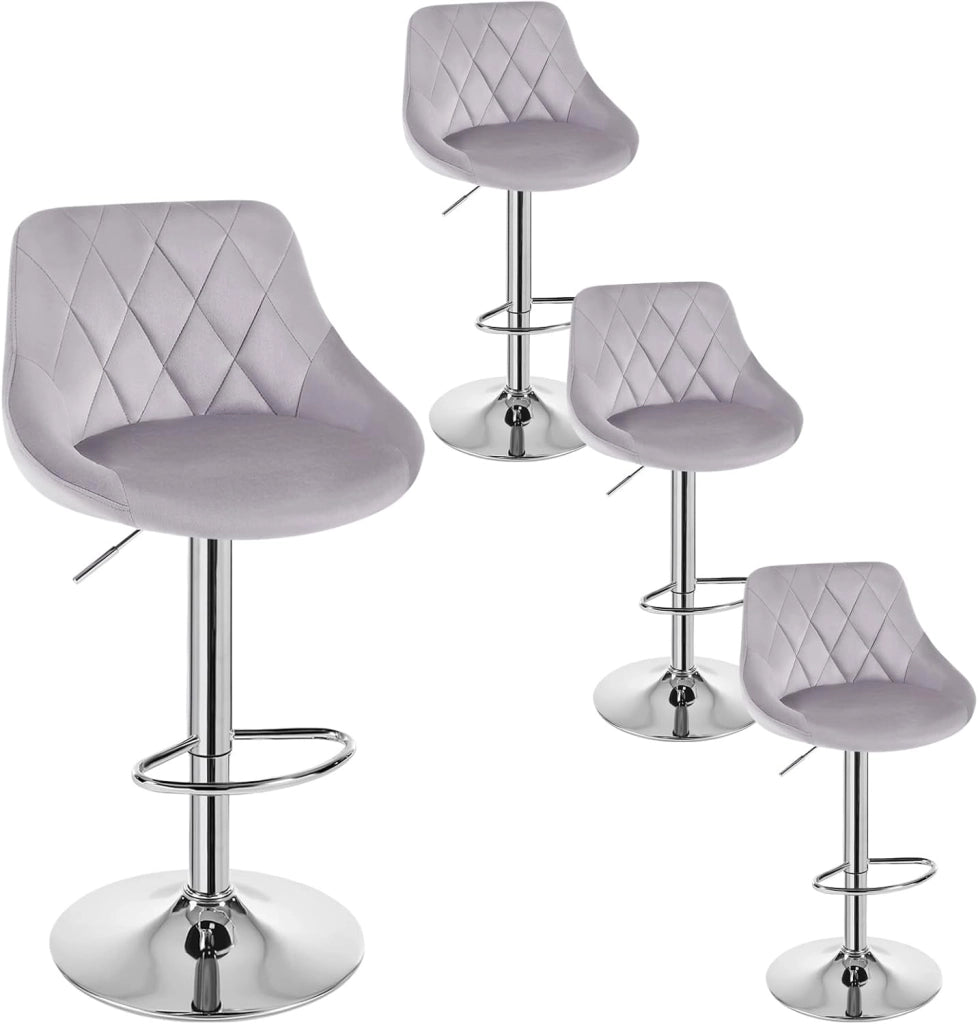 Sgabelli cucina, Sgabelli da Bar Set di 4, Sedia da Bar Girevole Regolabile in Altezza, con Schienale Poggiapiedi, Sgabello in Velluto da Cucina, Grigio chiaro, BH438hgr-4