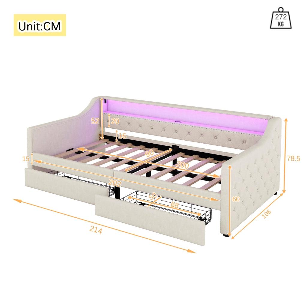 Daybed 90x200 cm con luci LED; USB e 2 cassetti; lino beige