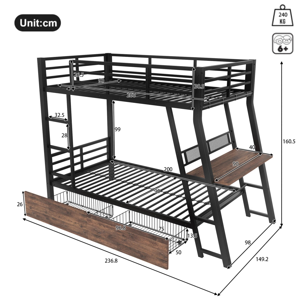 Letto a soppalco 90x200 cm con scrivania, LED e cassetti nero