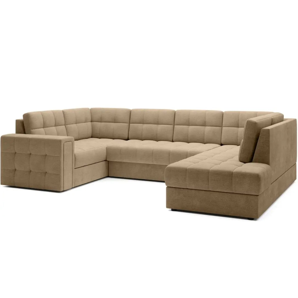 Divano angolare convertibile MONTEZA marrone chiaro 299 cm con contenitore e letto