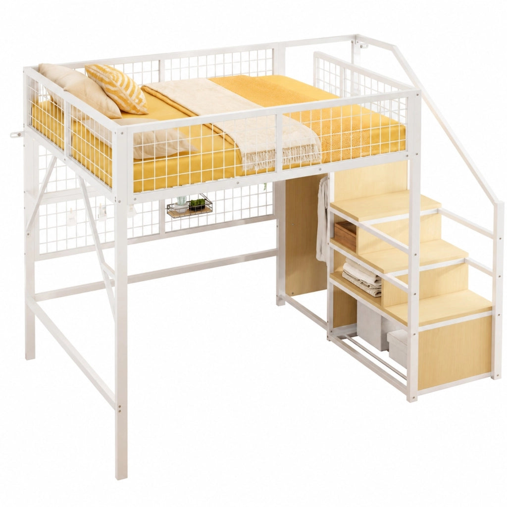 Letto a soppalco 140x200 cm con scala contenitore; armadio aperto e LED APP in metallo bianco