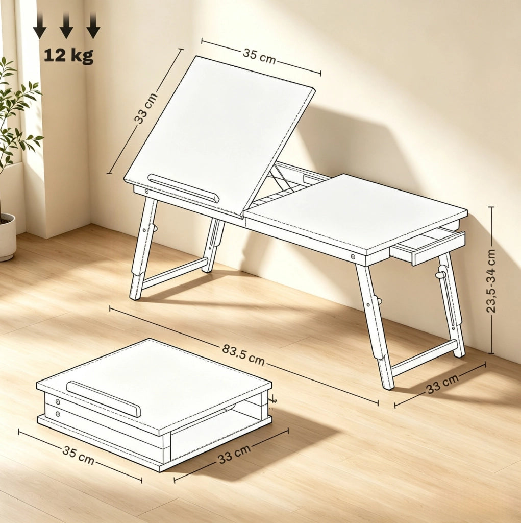 Tavolino da letto pieghevole e regolabile in bambù con piano inclinabile 70x33 cm nero