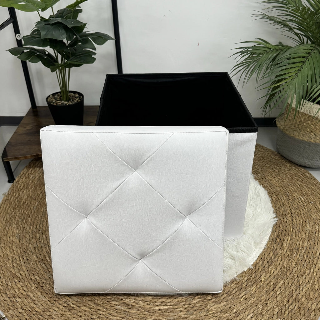 Pouf Poggiapiedi In Ecopelle 2 In 1 Contenitore 38x38Cm Quadrato Salotto Sgabello Camera Soggiorno Portaoggetti Design Moderno Complemento D'arredo Portaoggetti Panca Ingresso  Bianco
