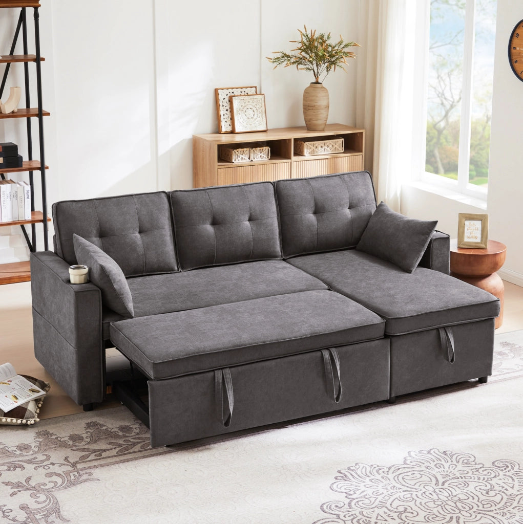 Divano letto angolare reversibile 211x130 cm con contenitore; tessuto grigio
