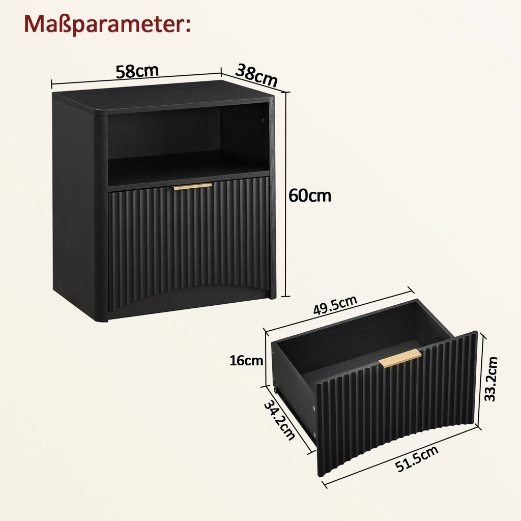 Comodino moderno in truciolare nero con cassetto aperto, maniglia dorata e design scanalato
